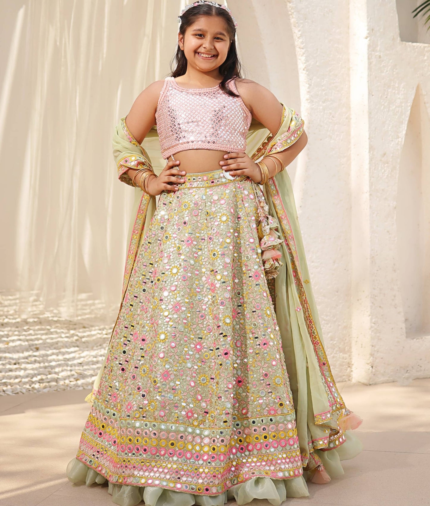 Manufactured by FAYON KIDS (Noida, U.P) Green Embroidered Choli with Lehenga