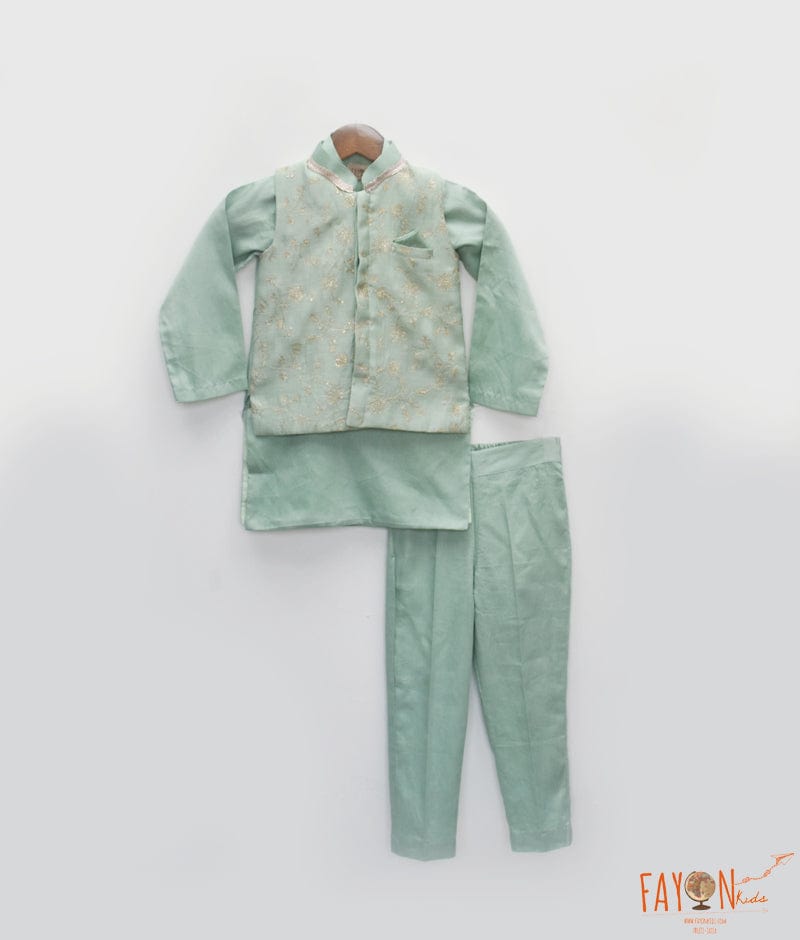 Manufactured by FAYON KIDS (Noida, U.P) Green Embroidered Nehru Jacket with Kurta and Pant