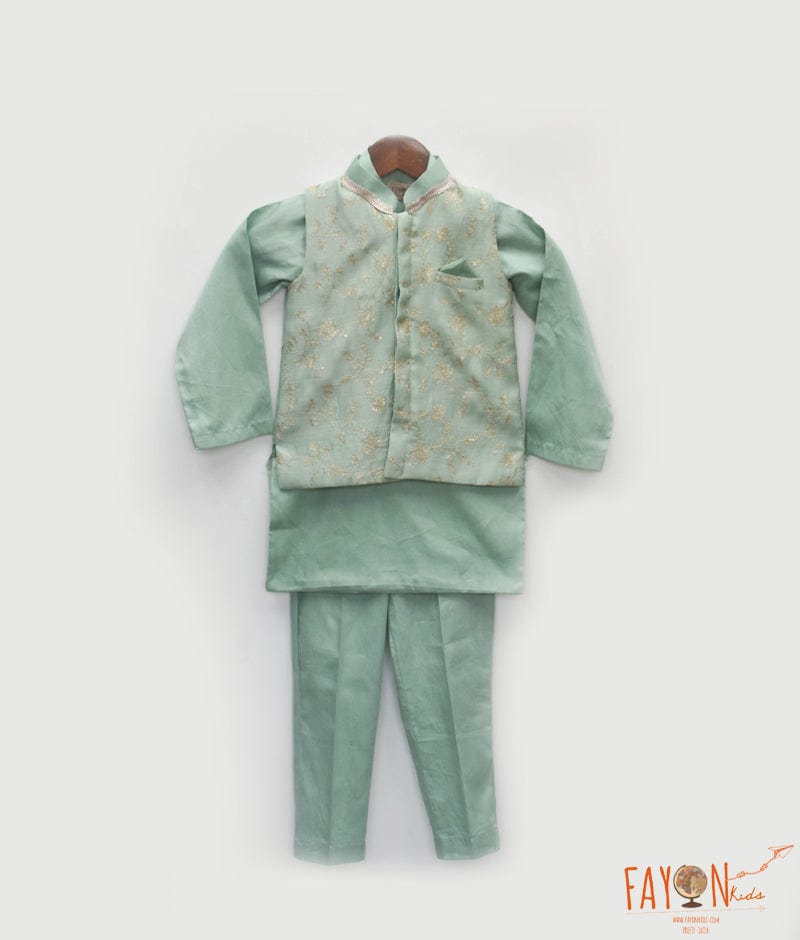 Manufactured by FAYON KIDS (Noida, U.P) Green Embroidered Nehru Jacket with Kurta and Pant