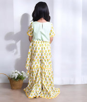 Manufactured by FAYON KIDS (Noida, U.P) Green Embroidered Top with Printed Sharara