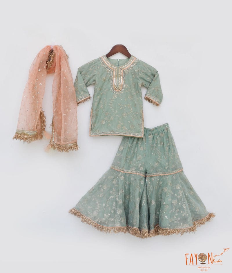 Manufactured by FAYON KIDS (Noida, U.P) Green Embroidery Kurti Sharara for Girls