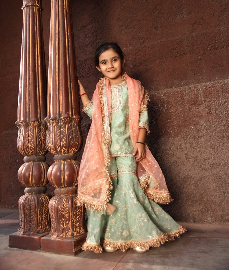 Manufactured by FAYON KIDS (Noida, U.P) Green Embroidery Kurti Sharara for Girls