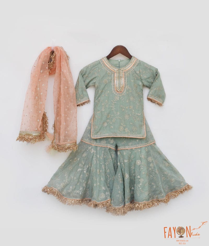 Manufactured by FAYON KIDS (Noida, U.P) Green Embroidery Kurti Sharara for Girls