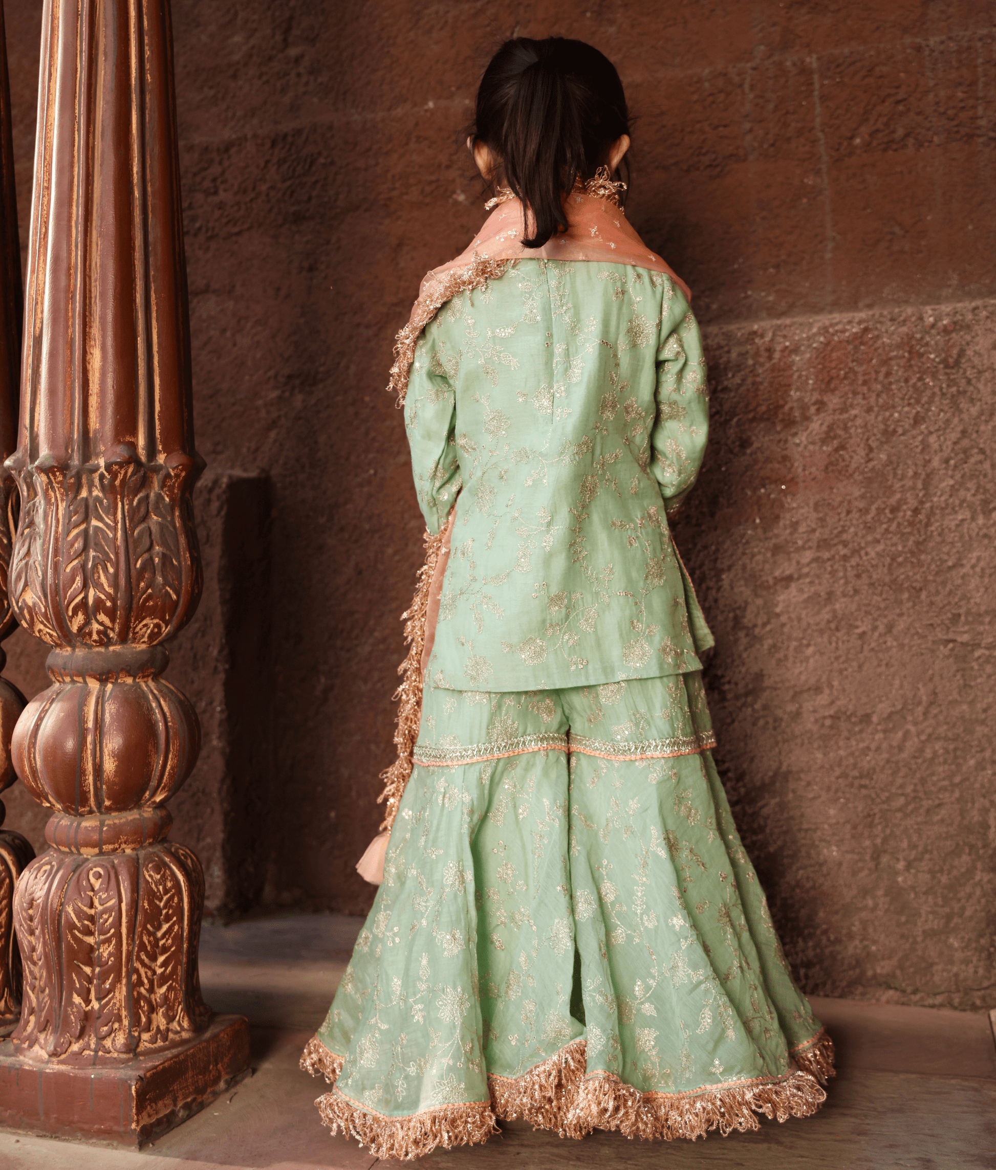 Manufactured by FAYON KIDS (Noida, U.P) Green Embroidery Kurti Sharara for Girls