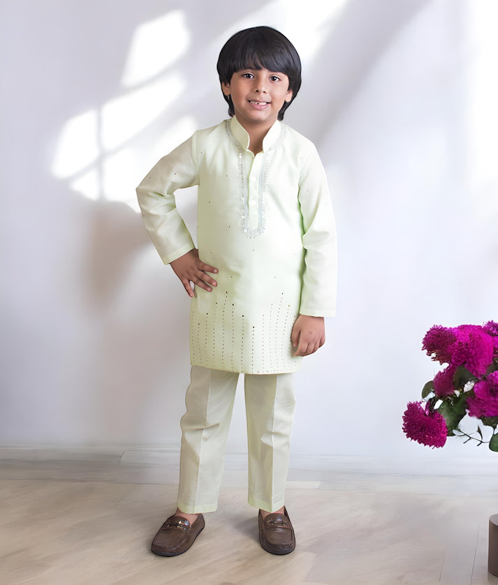 Manufactured by FAYON KIDS (Noida, U.P) Green Faux Mukaish Work Kurta Pant