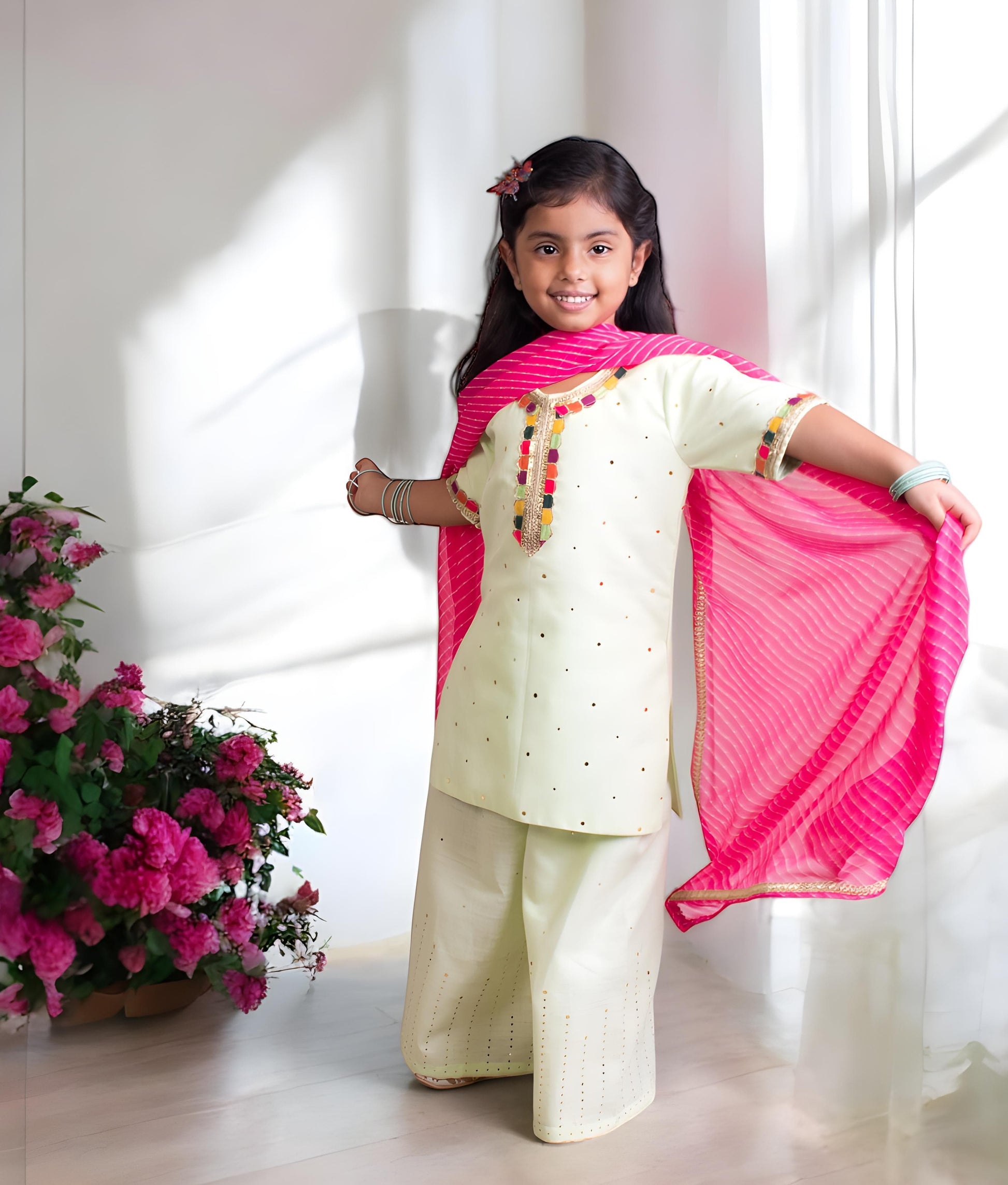 Manufactured by FAYON KIDS (Noida, U.P) Green Faux Mukaish Work Kurti Sharara Set