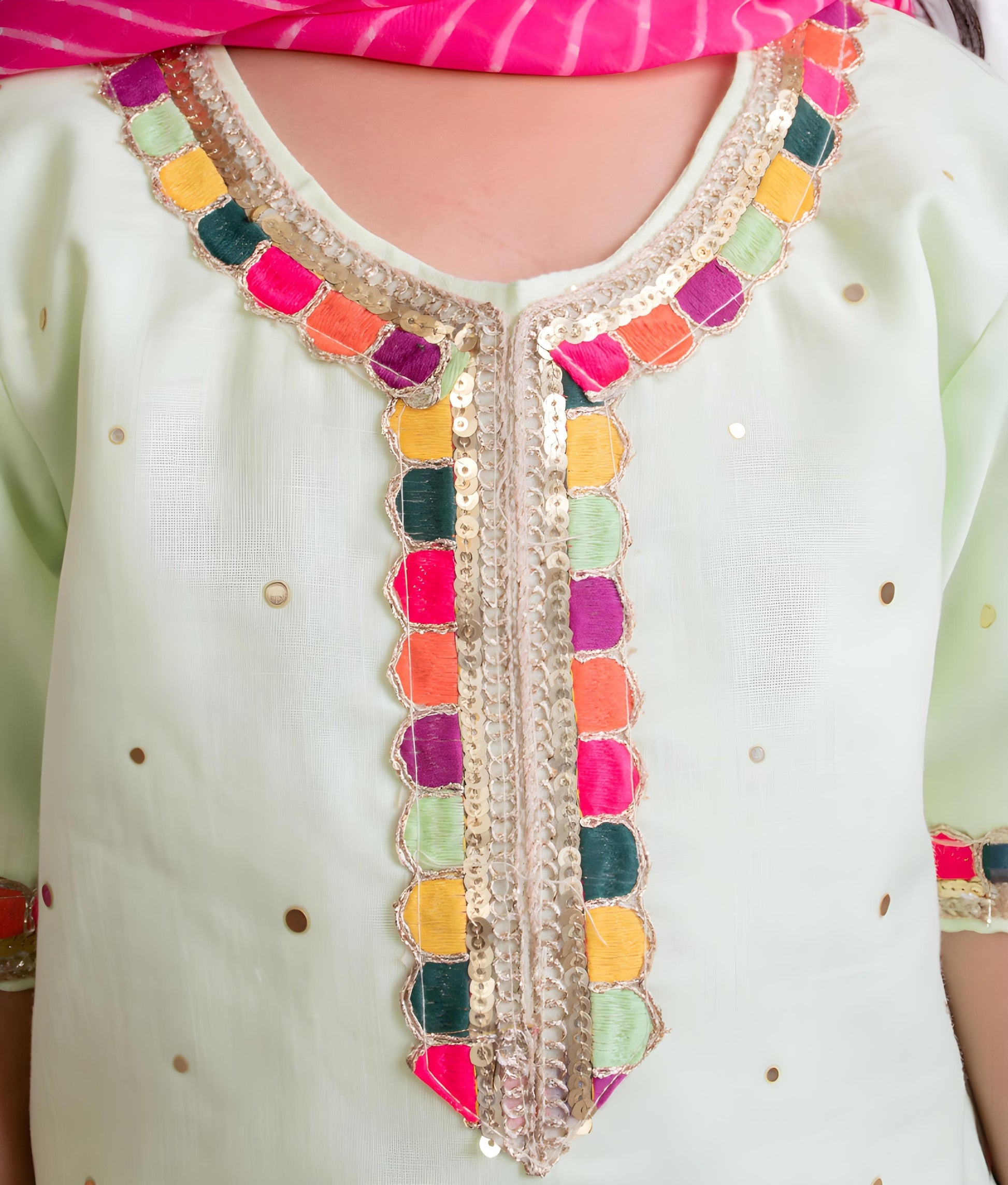 Manufactured by FAYON KIDS (Noida, U.P) Green Faux Mukaish Work Kurti Sharara Set