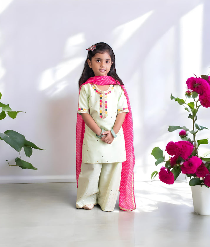 Manufactured by FAYON KIDS (Noida, U.P) Green Faux Mukaish Work Kurti Sharara Set