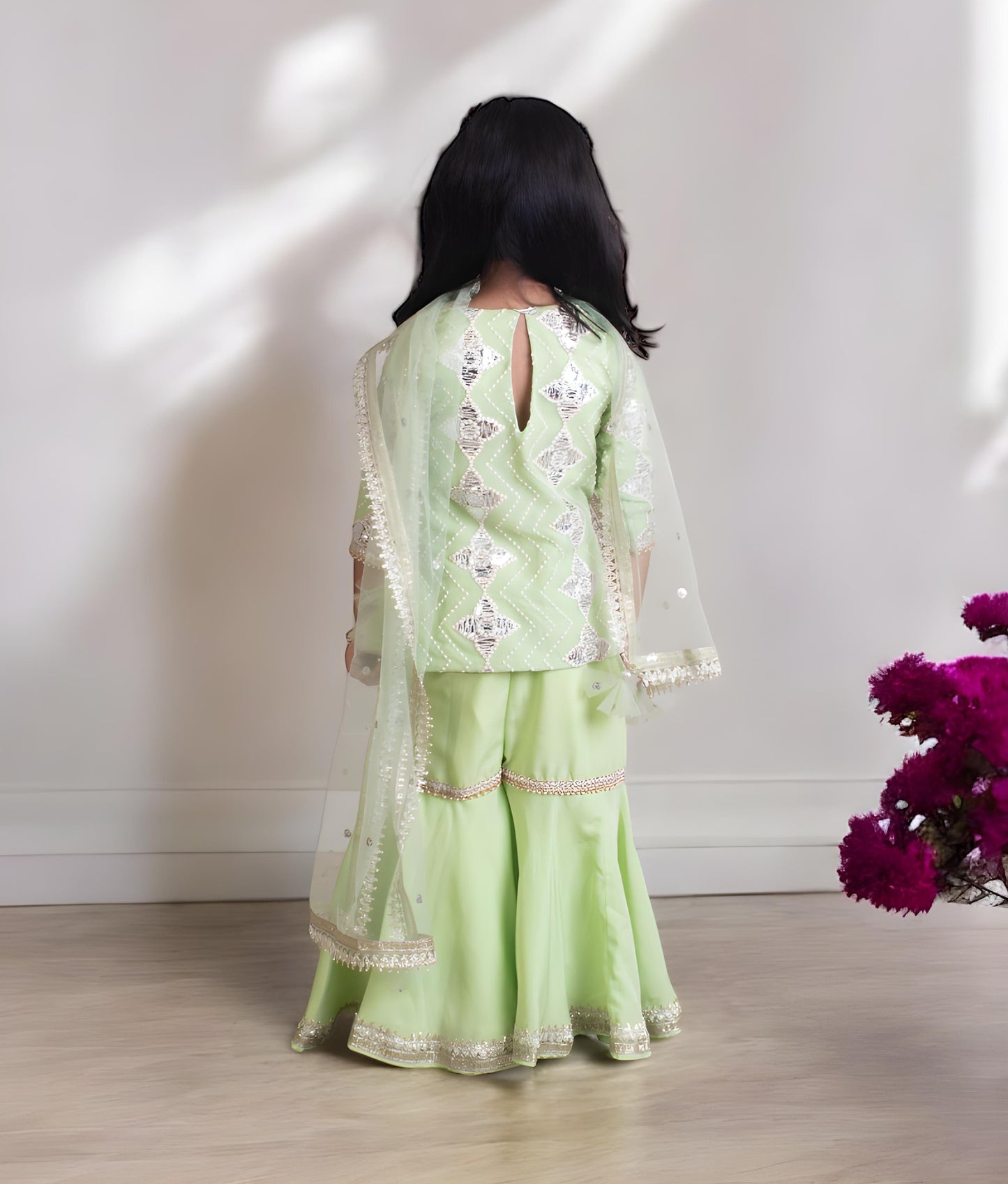 Manufactured by FAYON KIDS (Noida, U.P) Green Gota Embroidered Kurti with Sharara