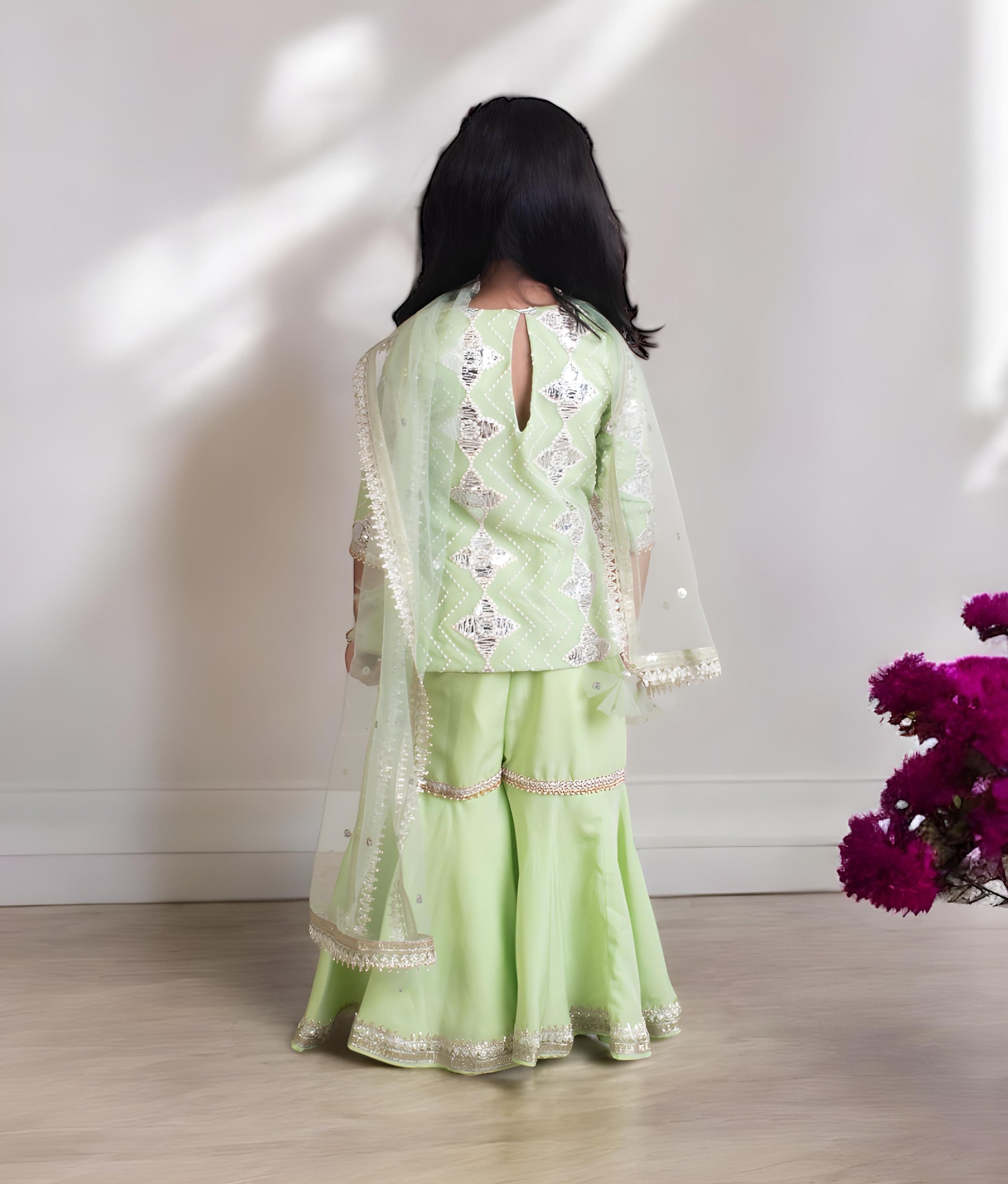 Manufactured by FAYON KIDS (Noida, U.P) Green Gota Embroidered Kurti with Sharara