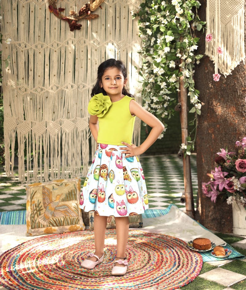 Manufactured by FAYON KIDS (Noida, U.P) Green Lycra Top with Printed Skirt for Girls