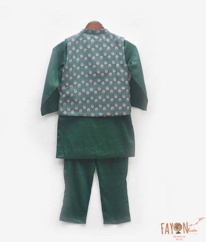 Manufactured by FAYON KIDS (Noida, U.P) Green Printed Jacket with Kurta and Pant for Boys