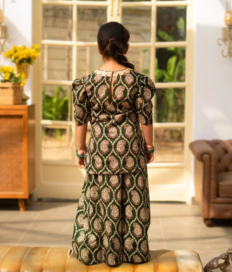Manufactured by FAYON KIDS (Noida, U.P) Green Printed Kurti Sharara