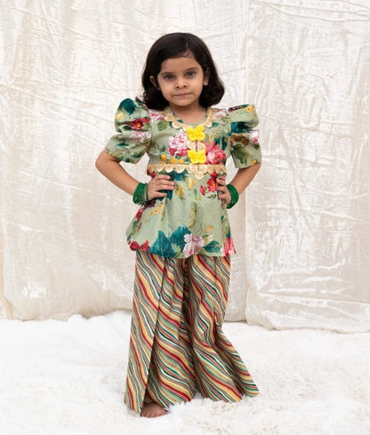 Manufactured by FAYON KIDS (Noida, U.P) Green Printed Peplum Kurti with Plazo