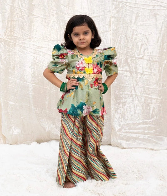 Manufactured by FAYON KIDS (Noida, U.P) Green Printed Peplum Kurti with Plazo