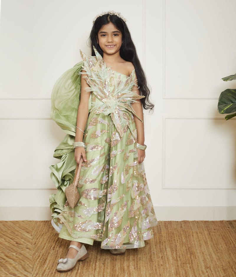 Manufactured by FAYON KIDS (Noida, U.P) Green Sequence Embroidery Jumpsuit for Girls