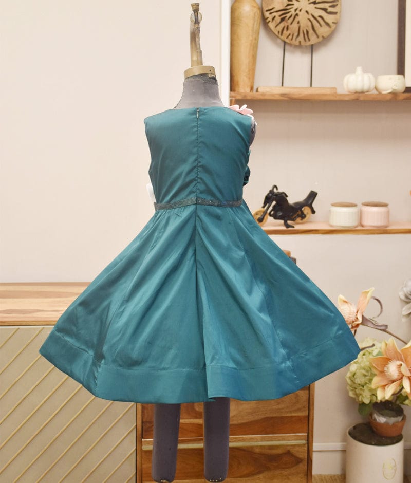 Manufactured by FAYON KIDS (Noida, U.P) Green Taffeta Silk Dress with 3D Flower