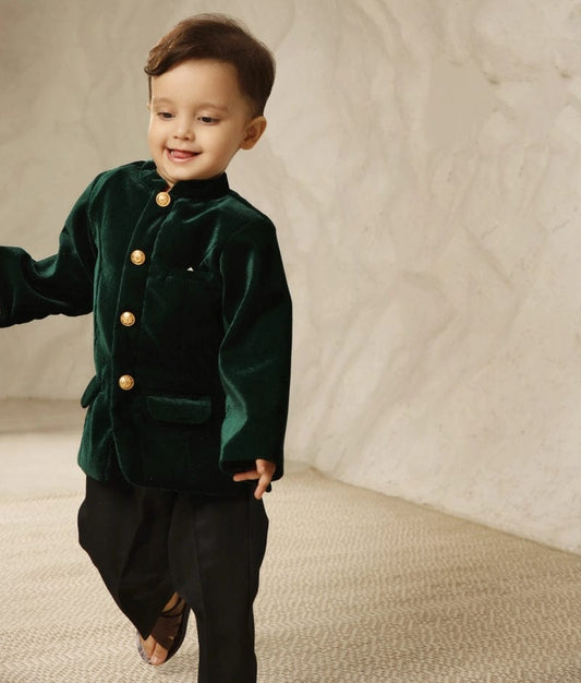 Manufactured by FAYON KIDS (Noida, U.P) Green Velvet Bandgala with Pant