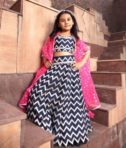 Manufactured by FAYON KIDS (Noida, U.P) Hot Pink Cape with Dark Blue Lehenga Choli for Girls