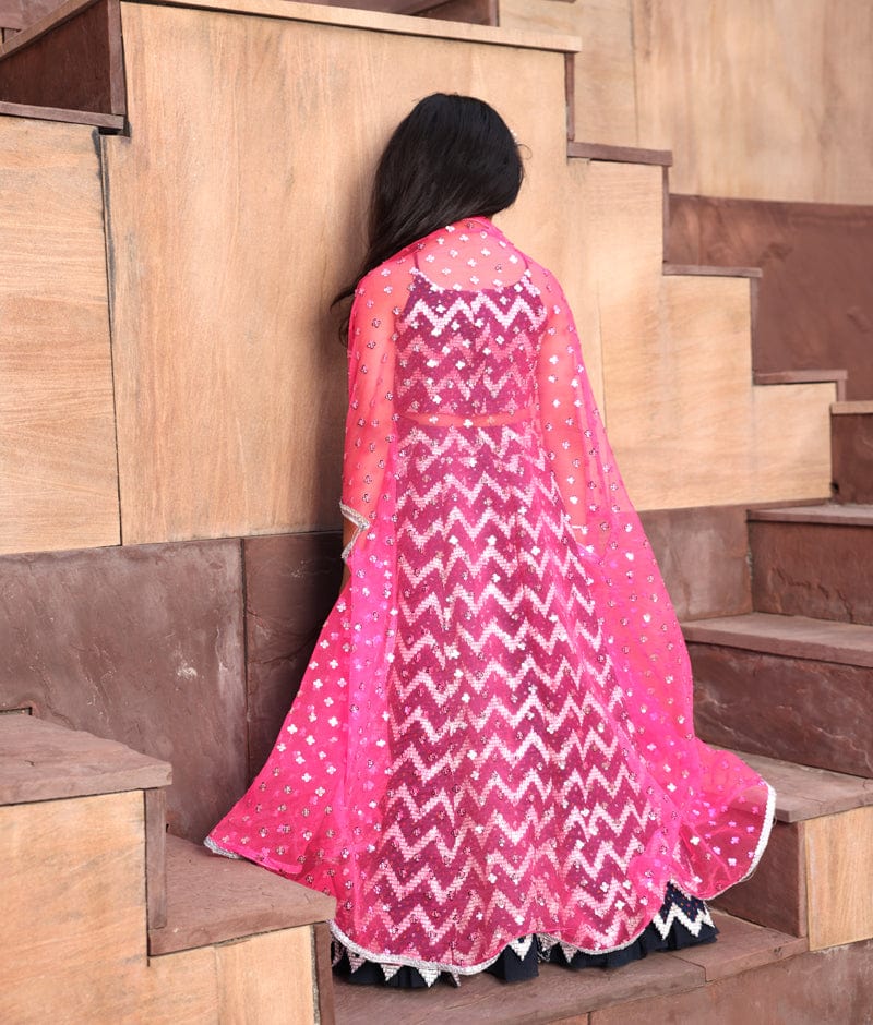 Manufactured by FAYON KIDS (Noida, U.P) Hot Pink Cape with Dark Blue Lehenga Choli for Girls