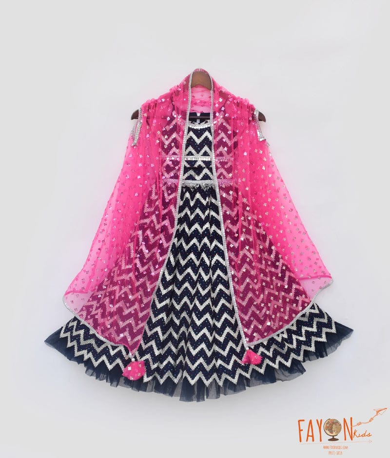 Manufactured by FAYON KIDS (Noida, U.P) Hot Pink Cape with Dark Blue Lehenga Choli for Girls