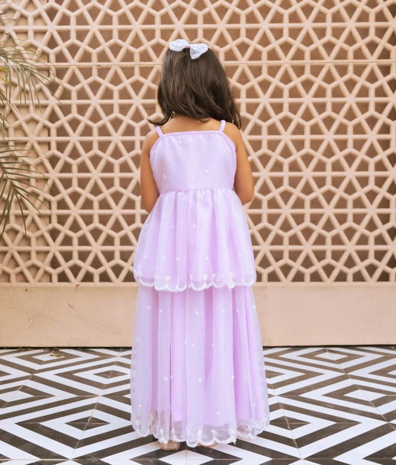 Manufactured by FAYON KIDS (Noida, U.P) Lilac Embroidered Organza Kurti with Skirt