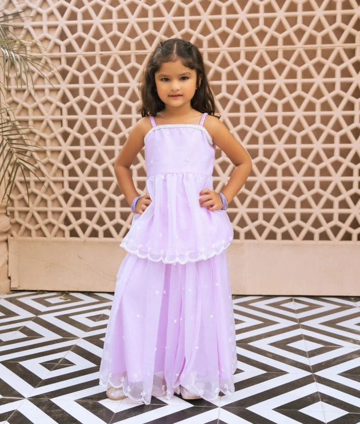 Manufactured by FAYON KIDS (Noida, U.P) Lilac Embroidered Organza Kurti with Skirt