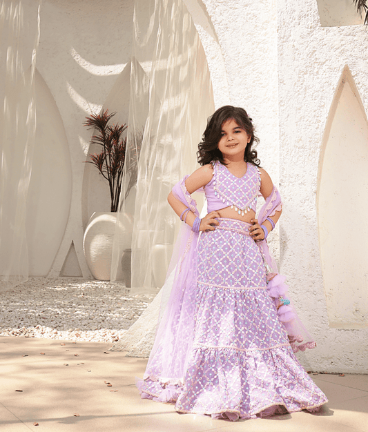 Manufactured by FAYON KIDS (Noida, U.P) Lilac Embroidered Top with Lehenga