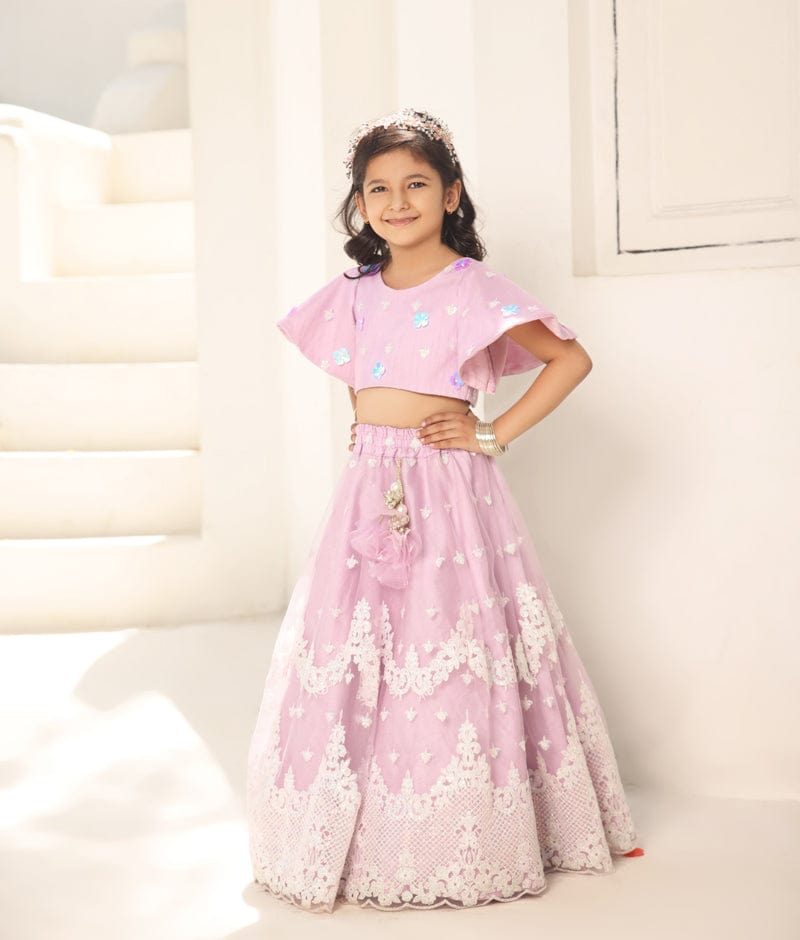 Manufactured by FAYON KIDS (Noida, U.P) Lilac Embroidred Crop Top Lehenga for Girls