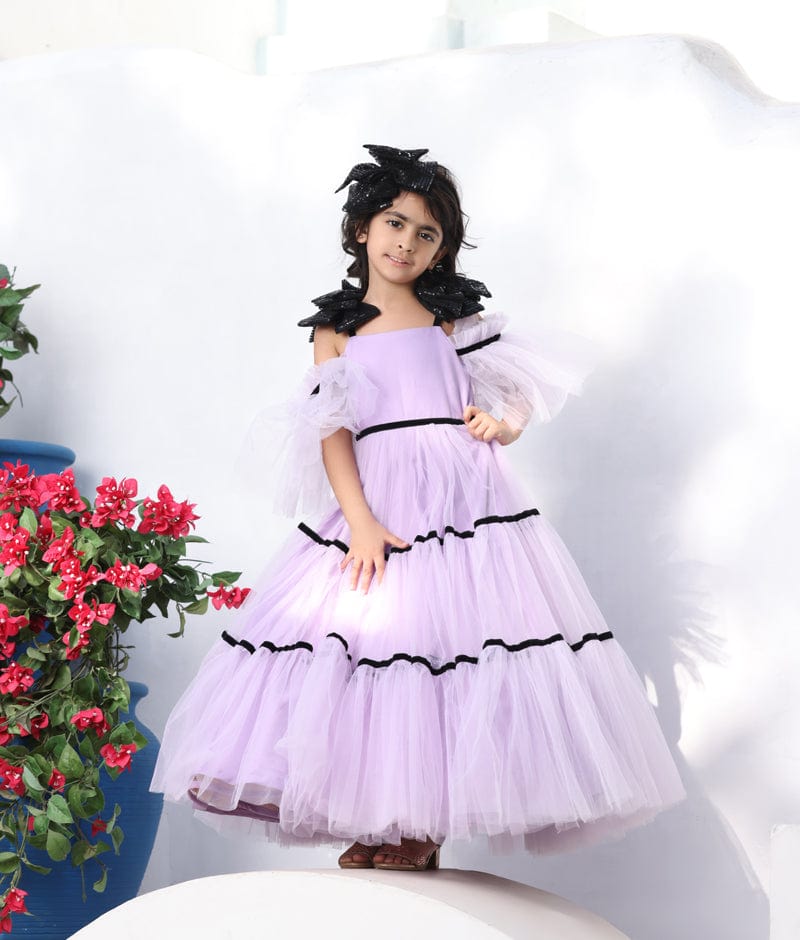 Manufactured by FAYON KIDS (Noida, U.P) Lilac Net Gown with Black Bow for Girls