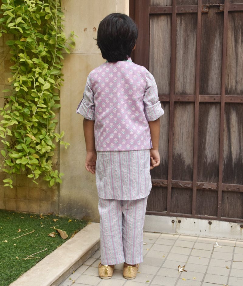 Manufactured by FAYON KIDS (Noida, U.P) Lilac Printed Nehru Jacket with Kurta and Pant