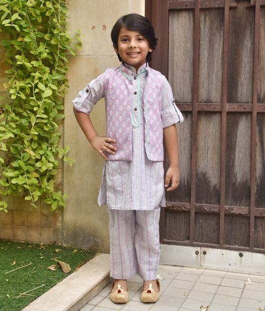 Manufactured by FAYON KIDS (Noida, U.P) Lilac Printed Nehru Jacket with Kurta and Pant