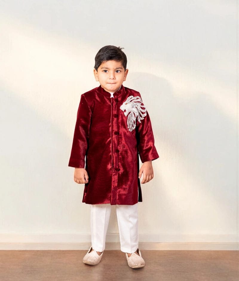 Maroon Embroidered Velvet Sherwani