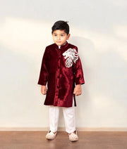 Maroon Embroidered Velvet Sherwani