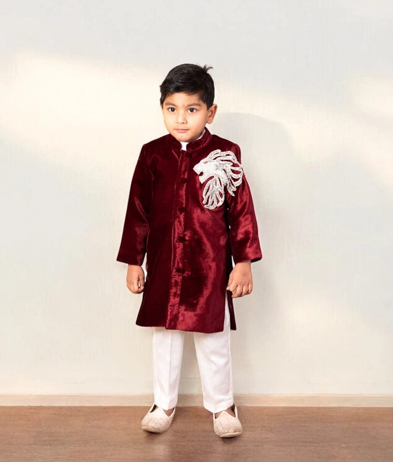 Maroon Embroidered Velvet Sherwani