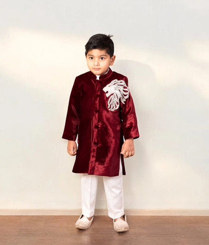 Maroon Embroidered Velvet Sherwani