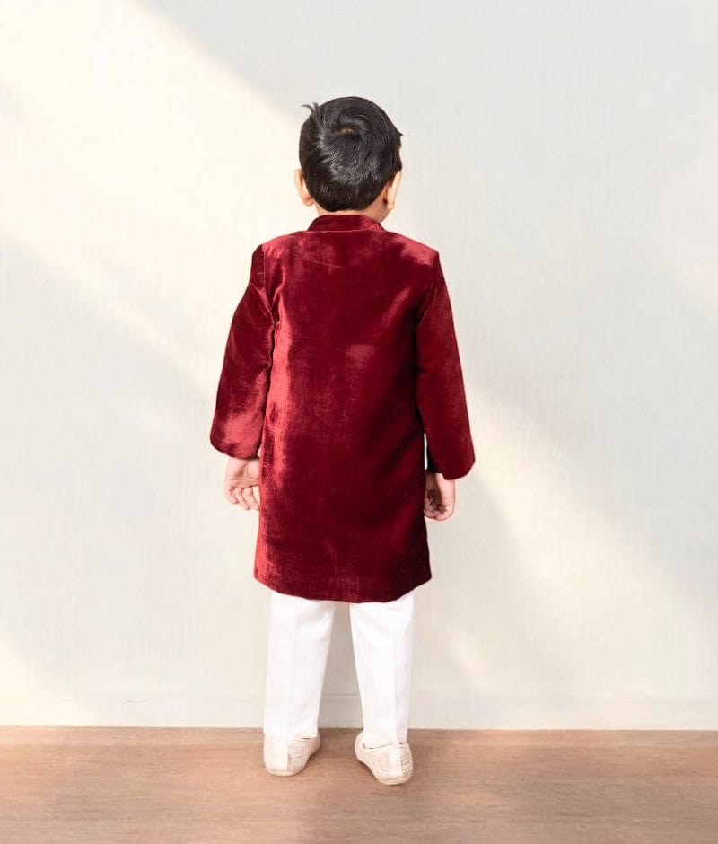 Maroon Embroidered Velvet Sherwani