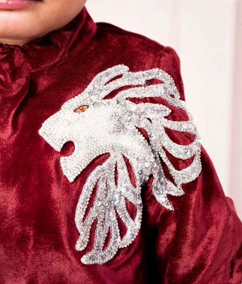 Maroon Embroidered Velvet Sherwani