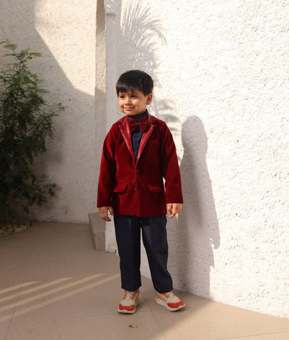 Manufactured by FAYON KIDS (Noida, U.P) Maroon Velvet Coat and Shirt Pant for Boys