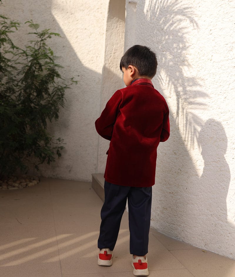 Manufactured by FAYON KIDS (Noida, U.P) Maroon Velvet Coat and Shirt Pant for Boys