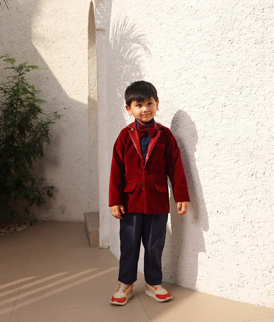 Manufactured by FAYON KIDS (Noida, U.P) Maroon Velvet Coat and Shirt Pant for Boys