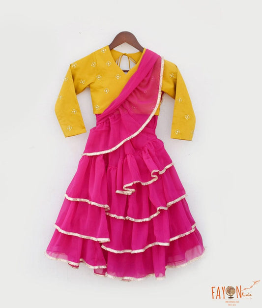 Manufactured by FAYON KIDS (Noida, U.P) Mustard Embroidered Choli with Lehenga Saree