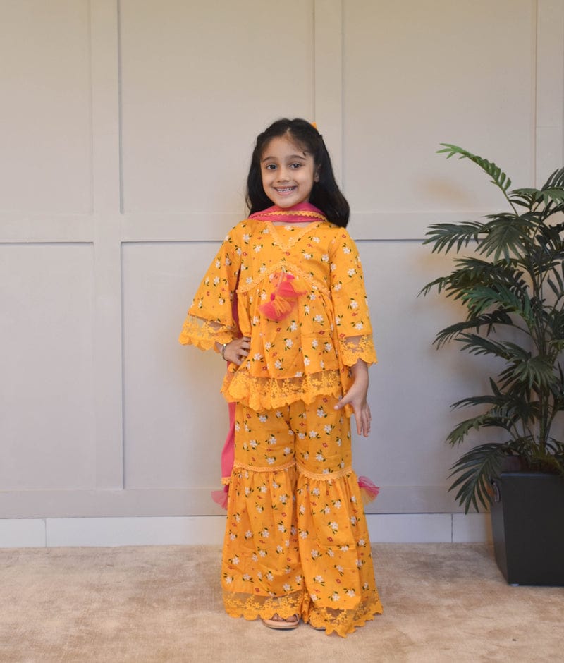 Manufactured by FAYON KIDS (Noida, U.P) Mustard Yellow Printed Kurti Sharara