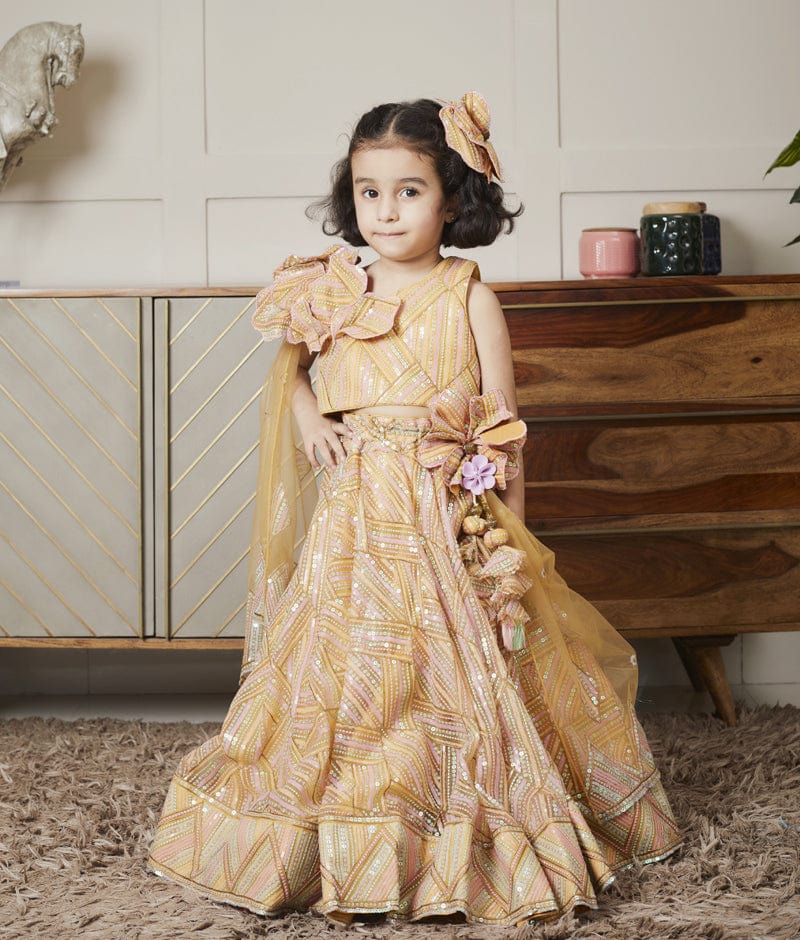 Mustard Embroidery Crop Top Skirt for Girls - Main Image