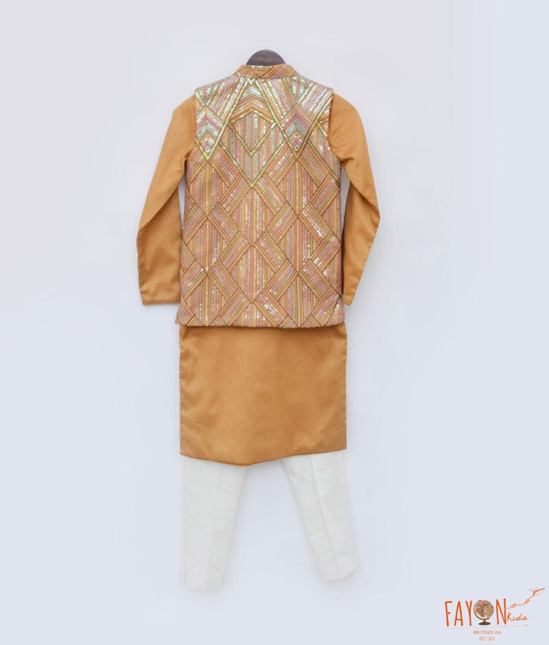 Manufactured by FAYON KIDS (Noida, U.P) Mustred Yellow Embroidered Nehru Jacket Set for Boys