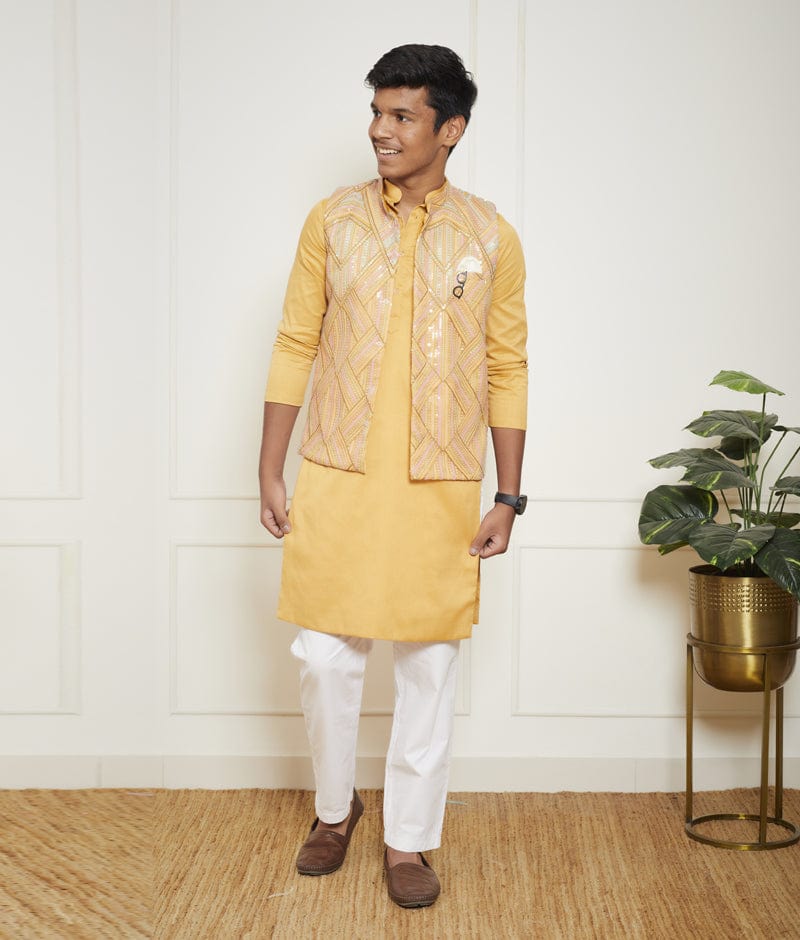 Manufactured by FAYON KIDS (Noida, U.P) Mustred Yellow Embroidered Nehru Jacket Set for Boys