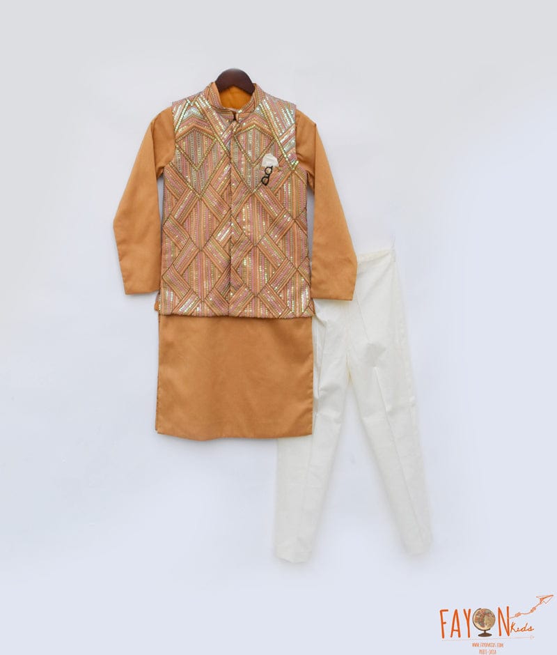 Manufactured by FAYON KIDS (Noida, U.P) Mustred Yellow Embroidered Nehru Jacket Set for Boys