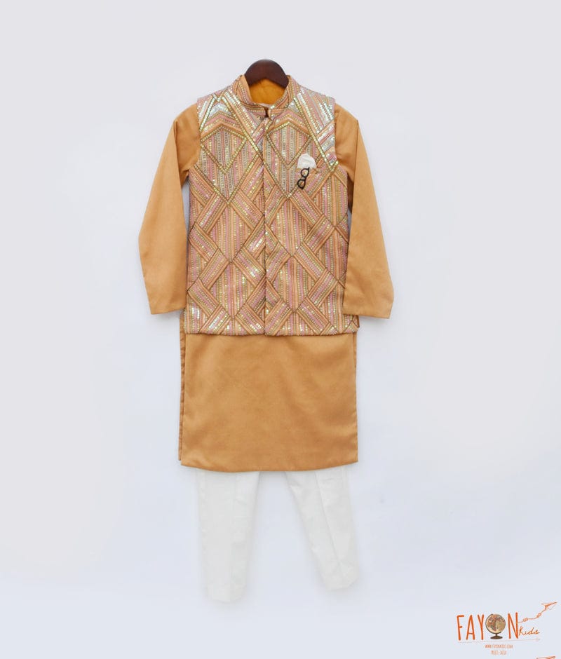 Manufactured by FAYON KIDS (Noida, U.P) Mustred Yellow Embroidered Nehru Jacket Set for Boys
