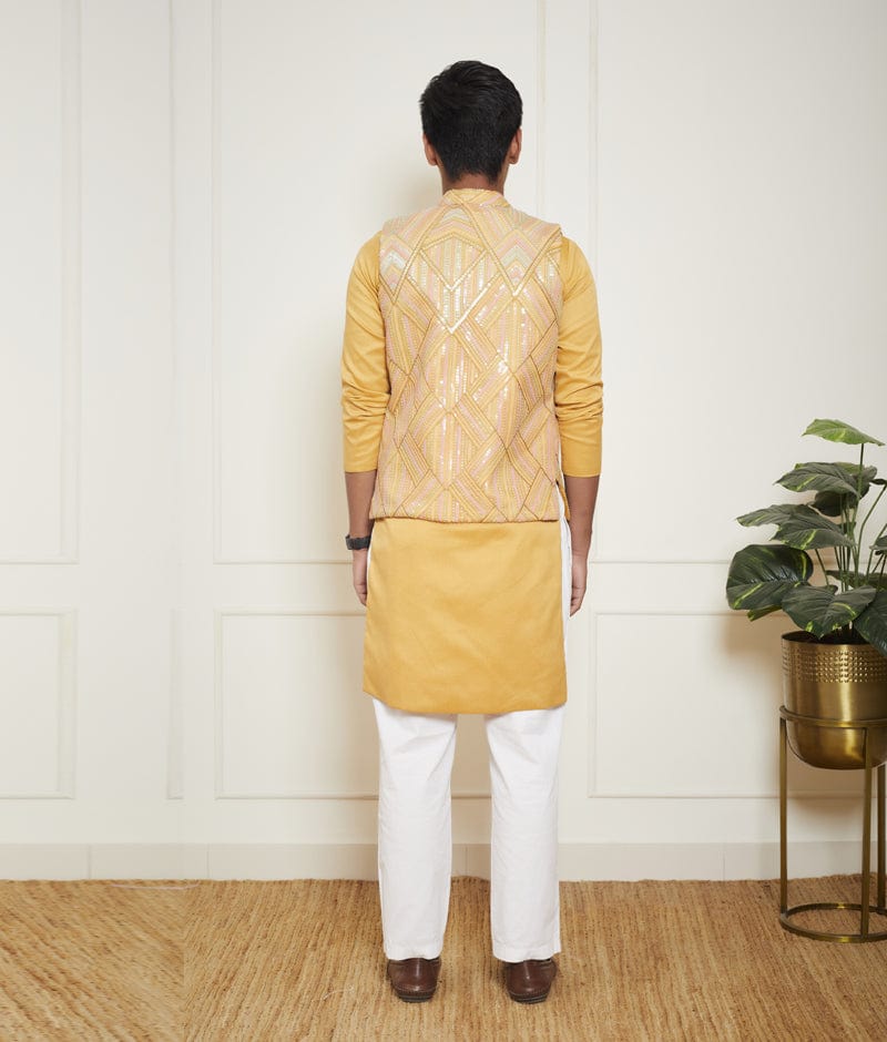 Manufactured by FAYON KIDS (Noida, U.P) Mustred Yellow Embroidered Nehru Jacket Set for Boys