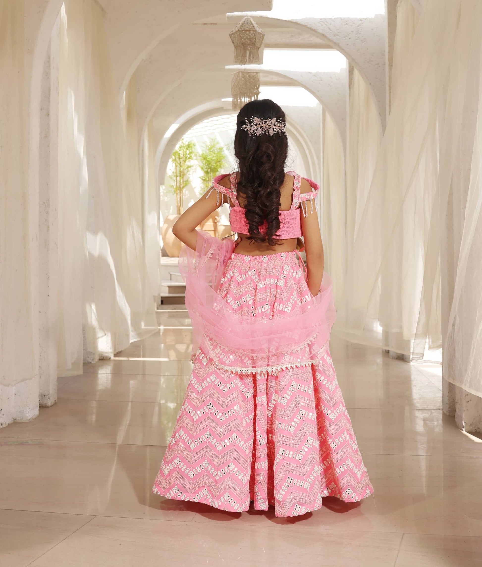 Manufactured by FAYON KIDS (Noida, U.P) Neon Pink Mirror Embroidered Lehenga Choli